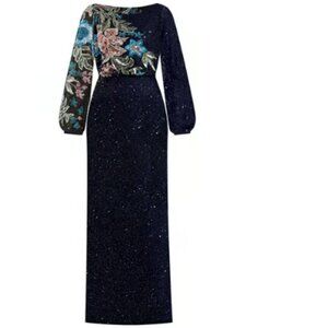 Mac Duggal Floral Midnight Blue Long Sleeve Gown Size 12